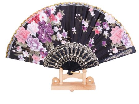 Sweet Style Flowers Hand Fan Folding Fan Dancing Party Fan - Black Fashion