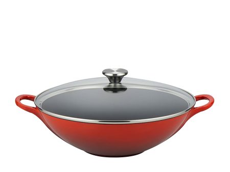 Le Creuset Signature Cast Iron Wok with Glass Lid 32cm Cerise Sale