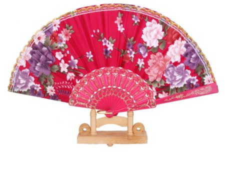 Rose Red Spanish Flower Floral Fabric Folding Hand Dancing Fan Party Favor Discount