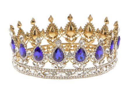 King Queen Bridal Crown Rhinestone Tiaras Gold Plated Hair Jewelry  Blue Fashion