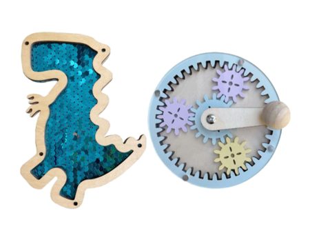 2Pcs Wooden Busy Board Accessory Gears Dinosaur Sequins Board for Boys Girls Blue Supply